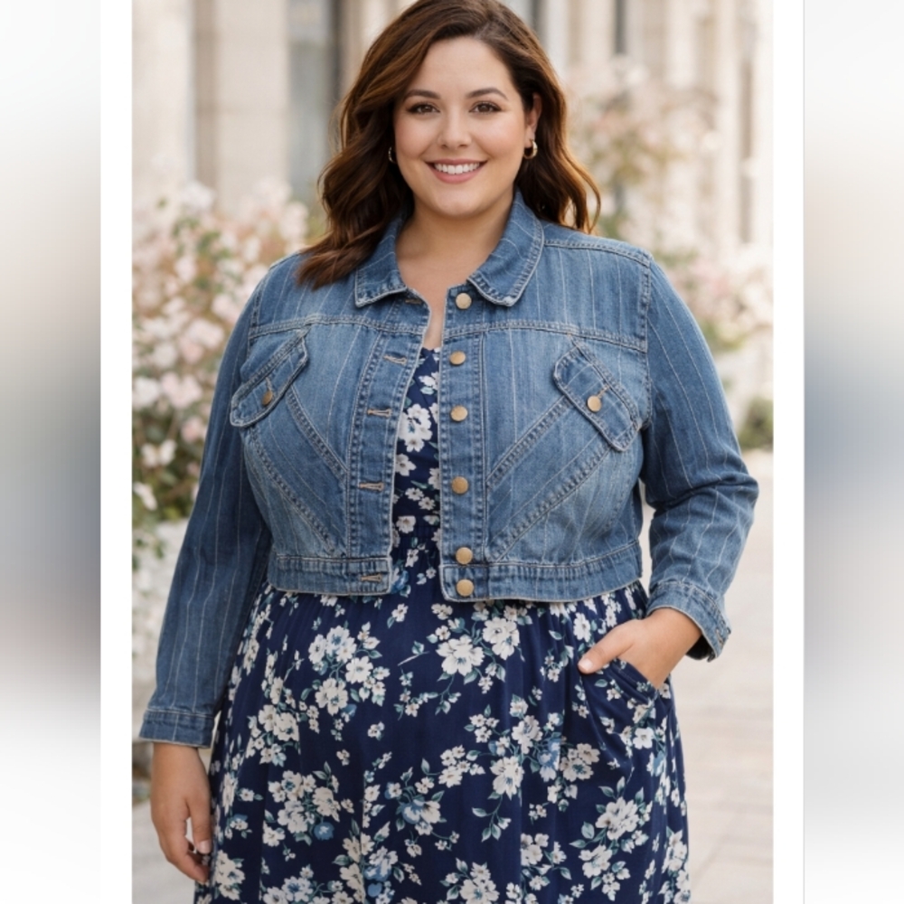 What’s Hot Cropped Denim Jacket 1X Blue Pinstripe Stretch Jean Jacket Y2K